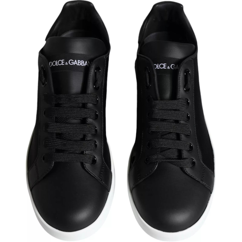 Chaussures portofino en cuir de veau noir de Dolce & Gabbana, baskets élégantes avec design sophistiqué.
