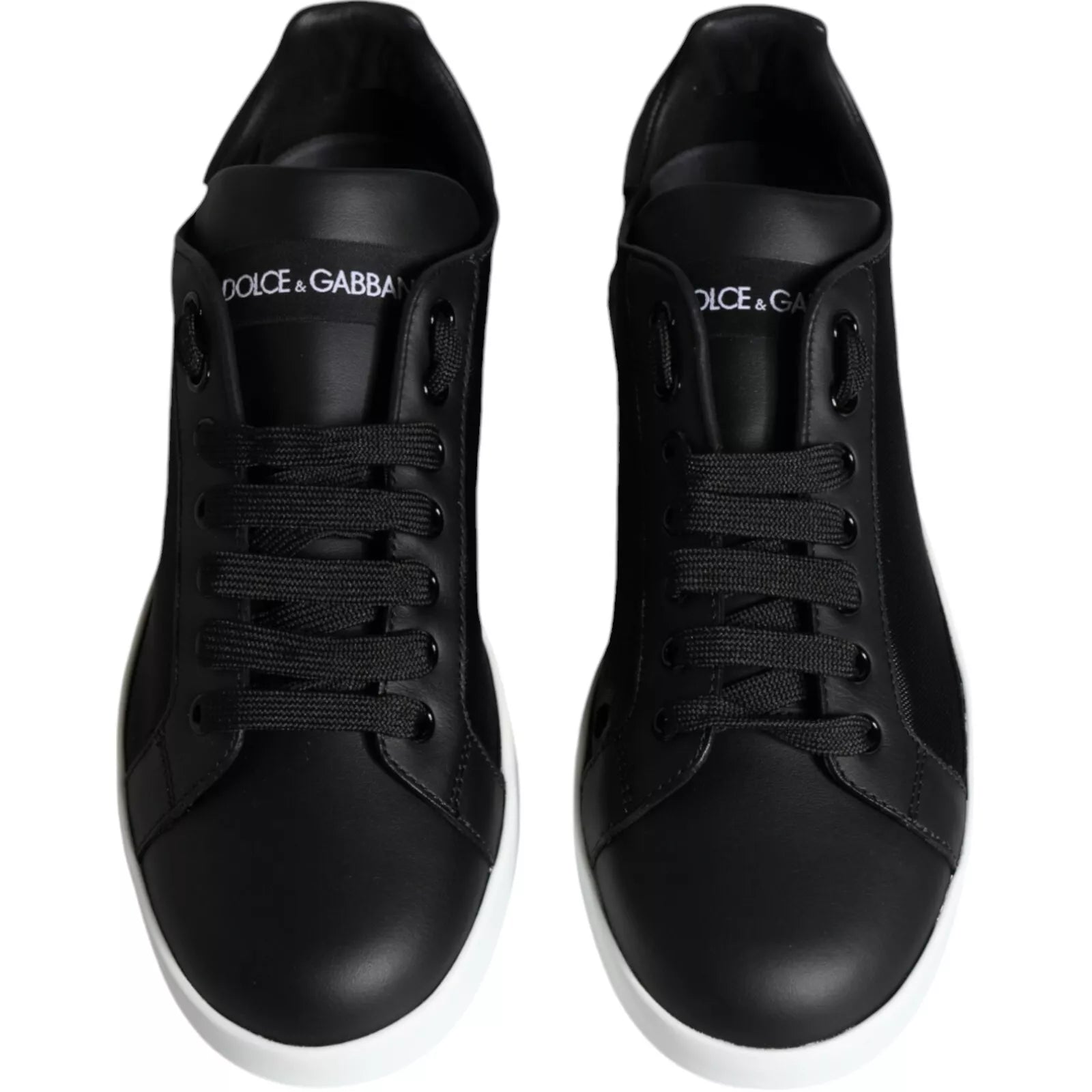 Chaussures portofino en cuir de veau noir de Dolce & Gabbana, baskets élégantes avec design sophistiqué.