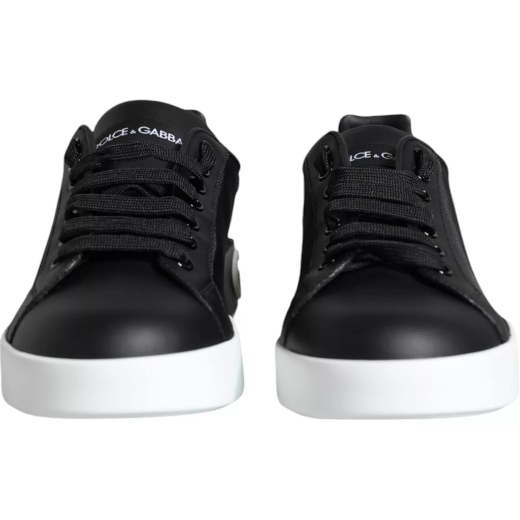 Chaussures sneakers Portofino en cuir de veau noir de Dolce & Gabbana, vues de face, avec design élégant et logo de la marque.