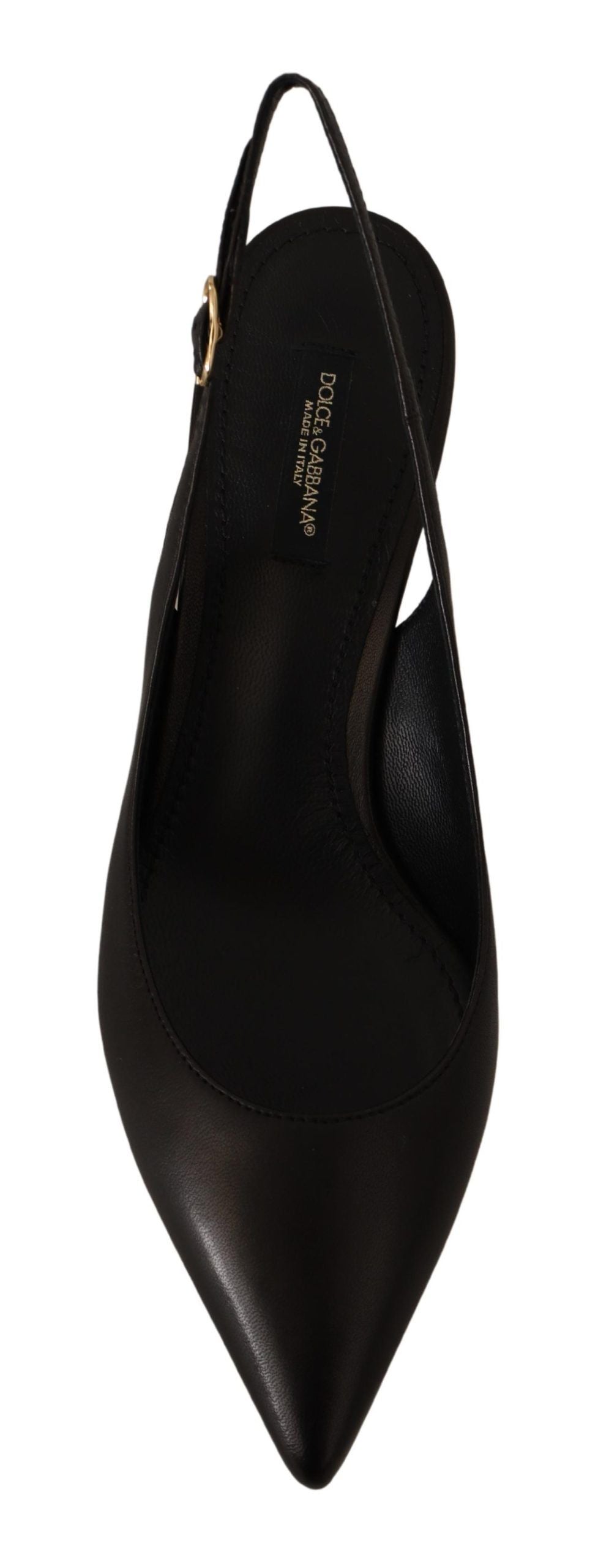 Chaussures Dolce & Gabbana à talons en cuir noir, slingbacks élégants et sophistiqués, vues de face sur fond neutre.