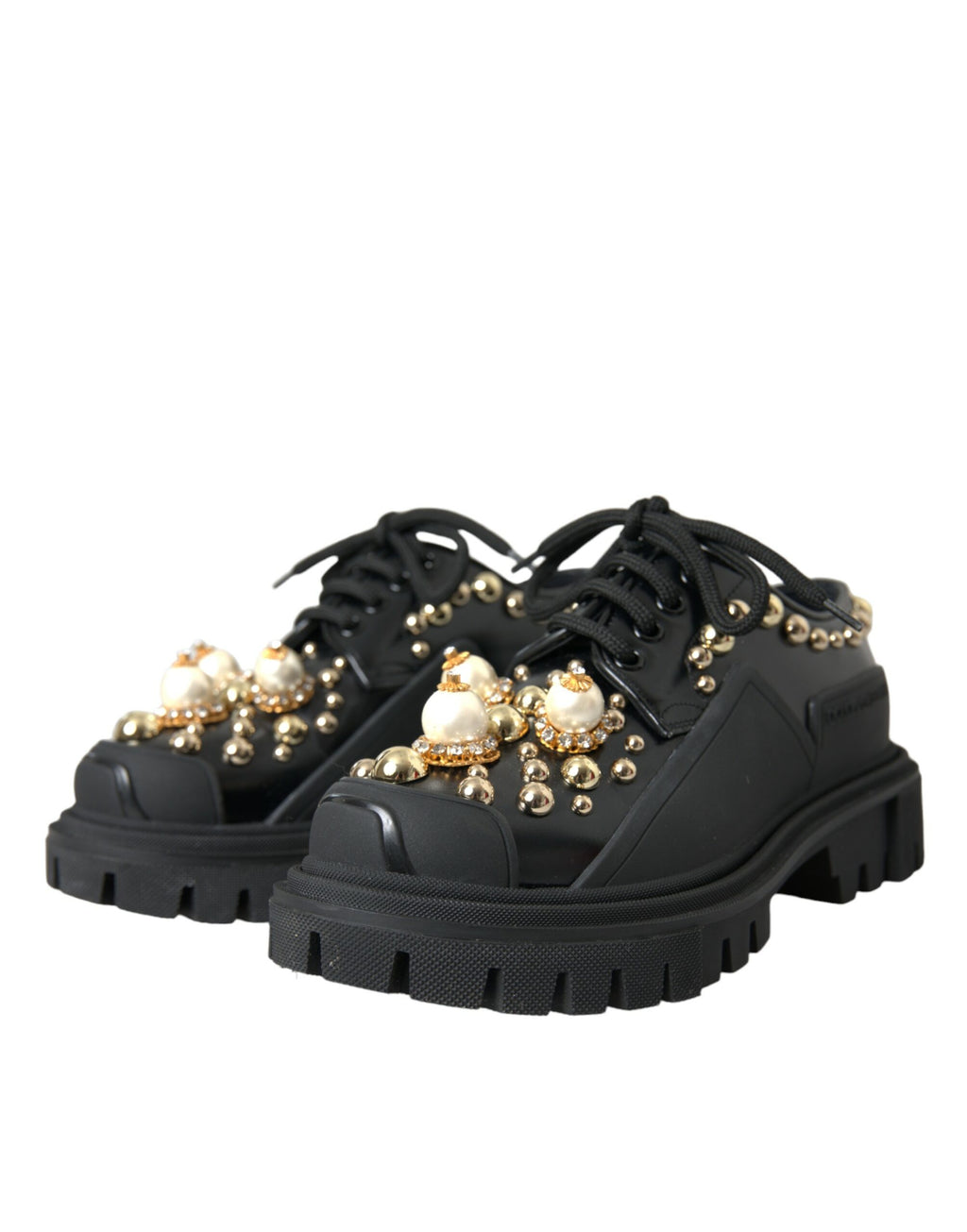 Chaussures de randonnée Derby en cuir noir Dolce & Gabbana avec détails embellis, style élégant et sophistiqué.