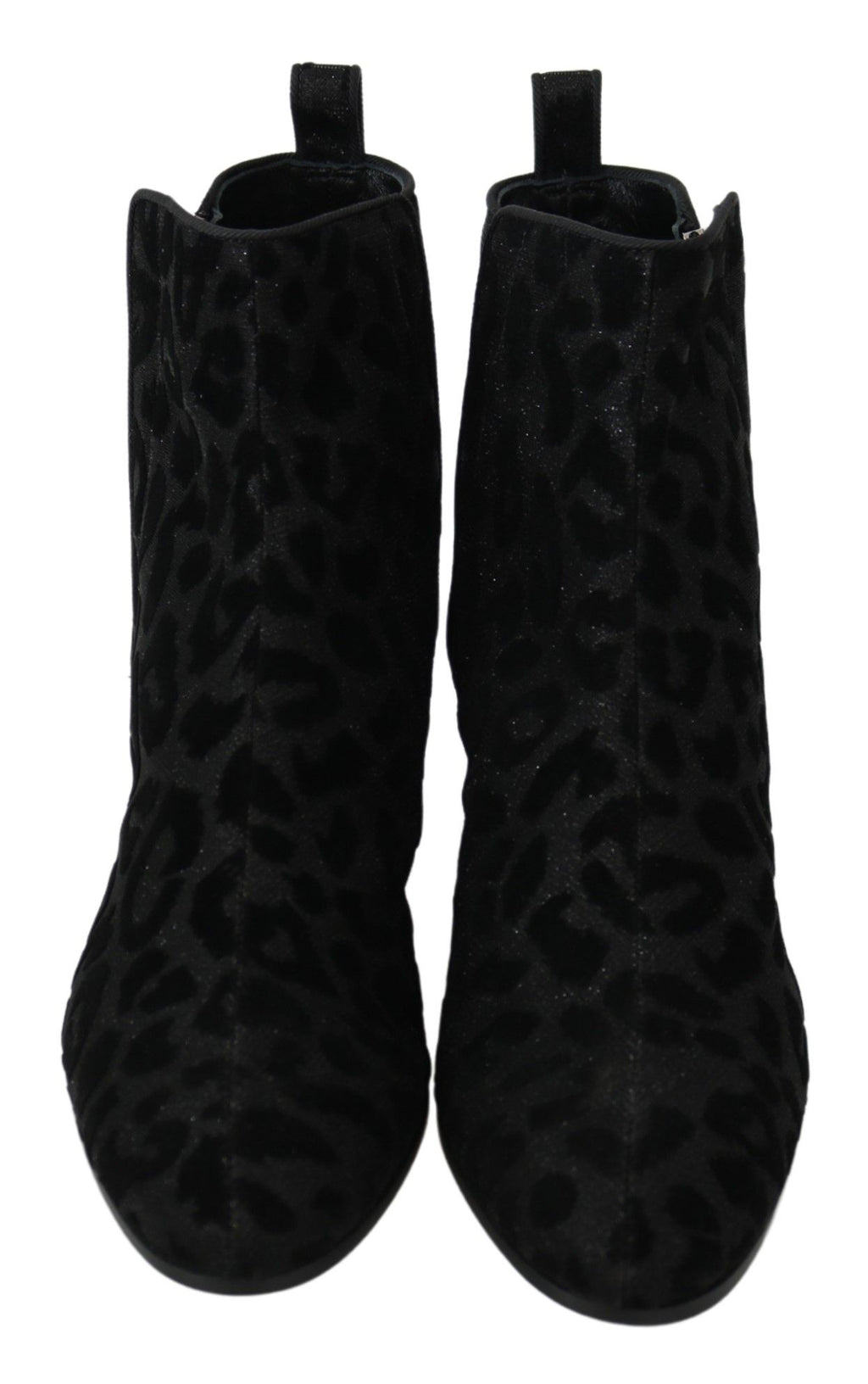 Bottes courtes noires Dolce & Gabbana à motif léopard avec fermeture éclair, en cuir élégant.