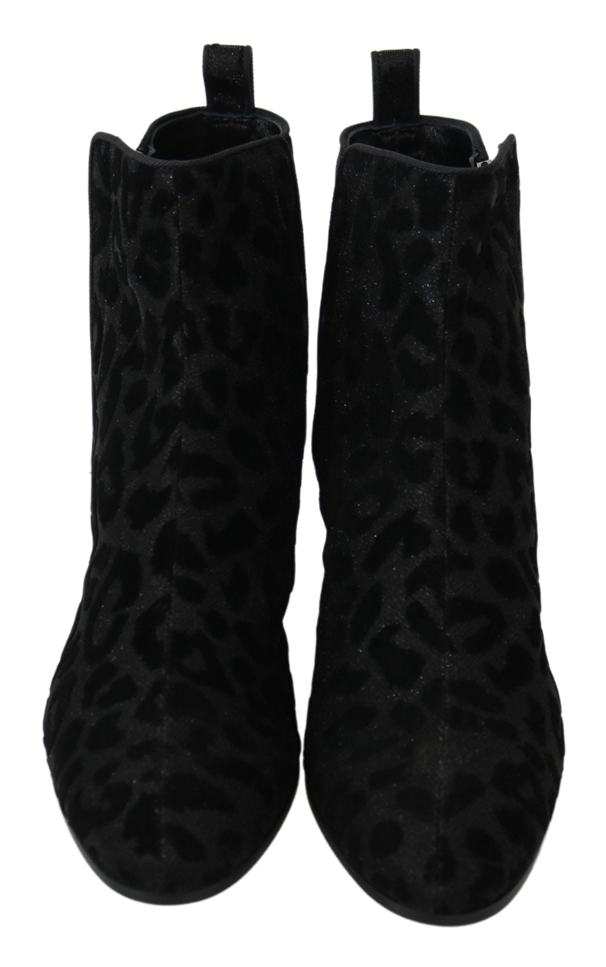 Bottes courtes noires Dolce & Gabbana à motif léopard avec fermeture éclair, en cuir élégant.