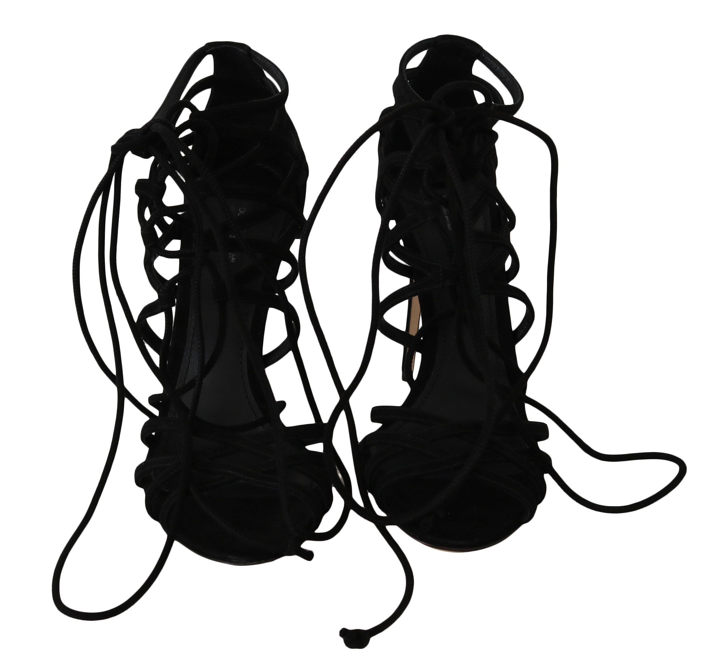 Sandales stilettos en daim noir Dolce & Gabbana avec bride élégante et talons fins, parfaites pour une tenue sophistiquée.