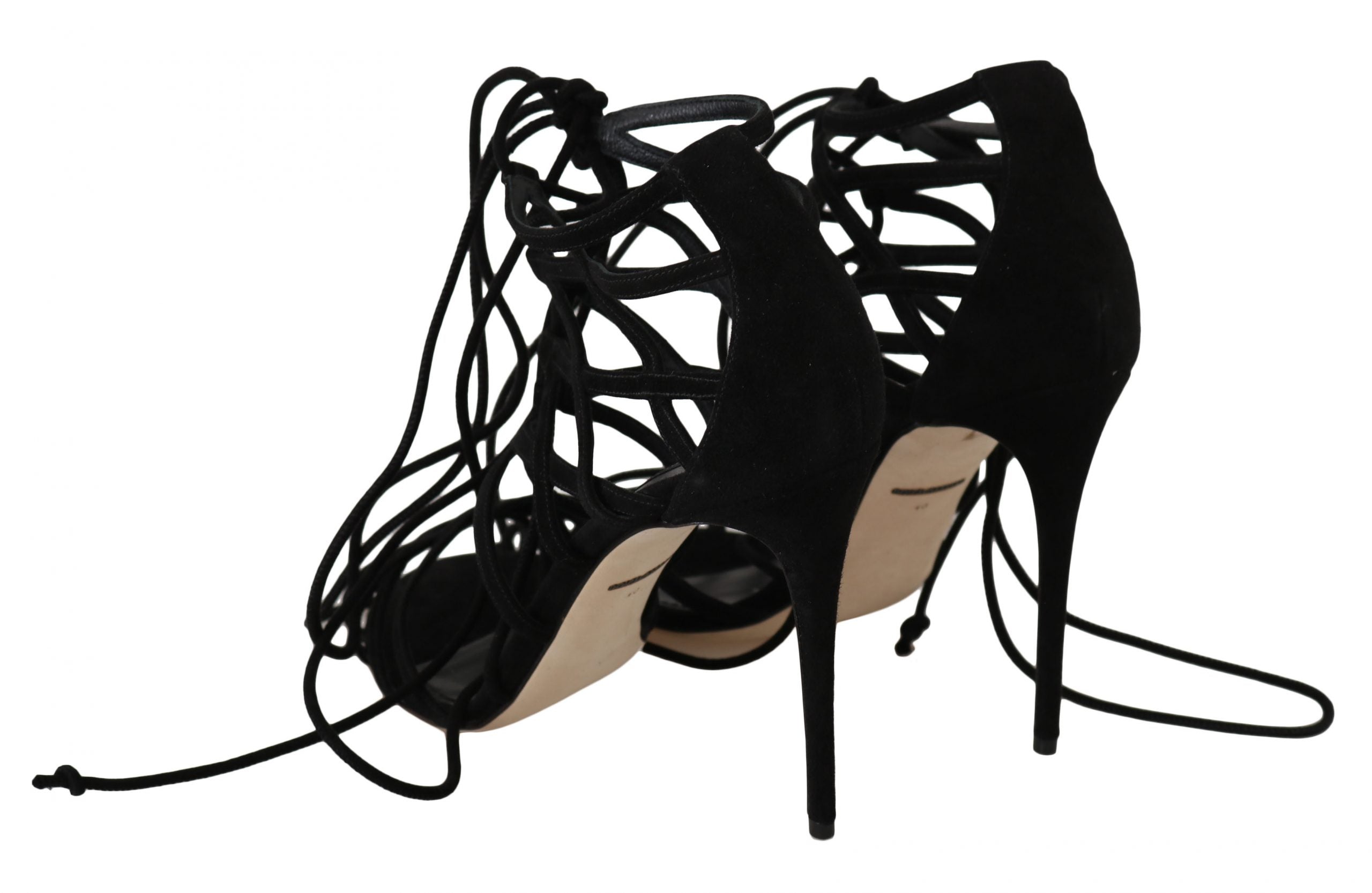 Sandales à talons stilettos en daim noir de Dolce & Gabbana, avec bride en strap élégant, vue de côté.