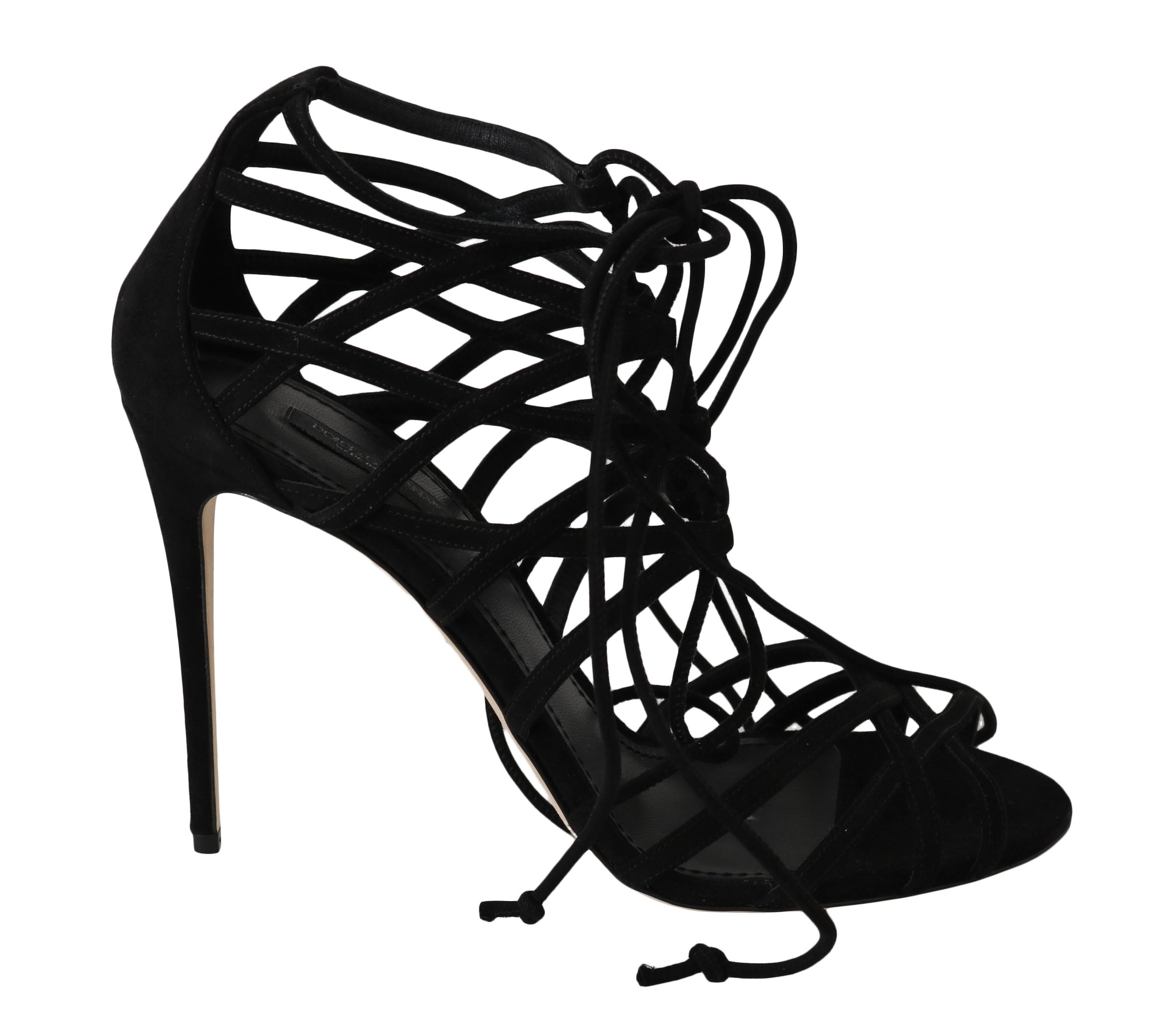 Sandales stilettos en daim noir Dolce & Gabbana avec bride élégante et talons hauts, vue de face.
