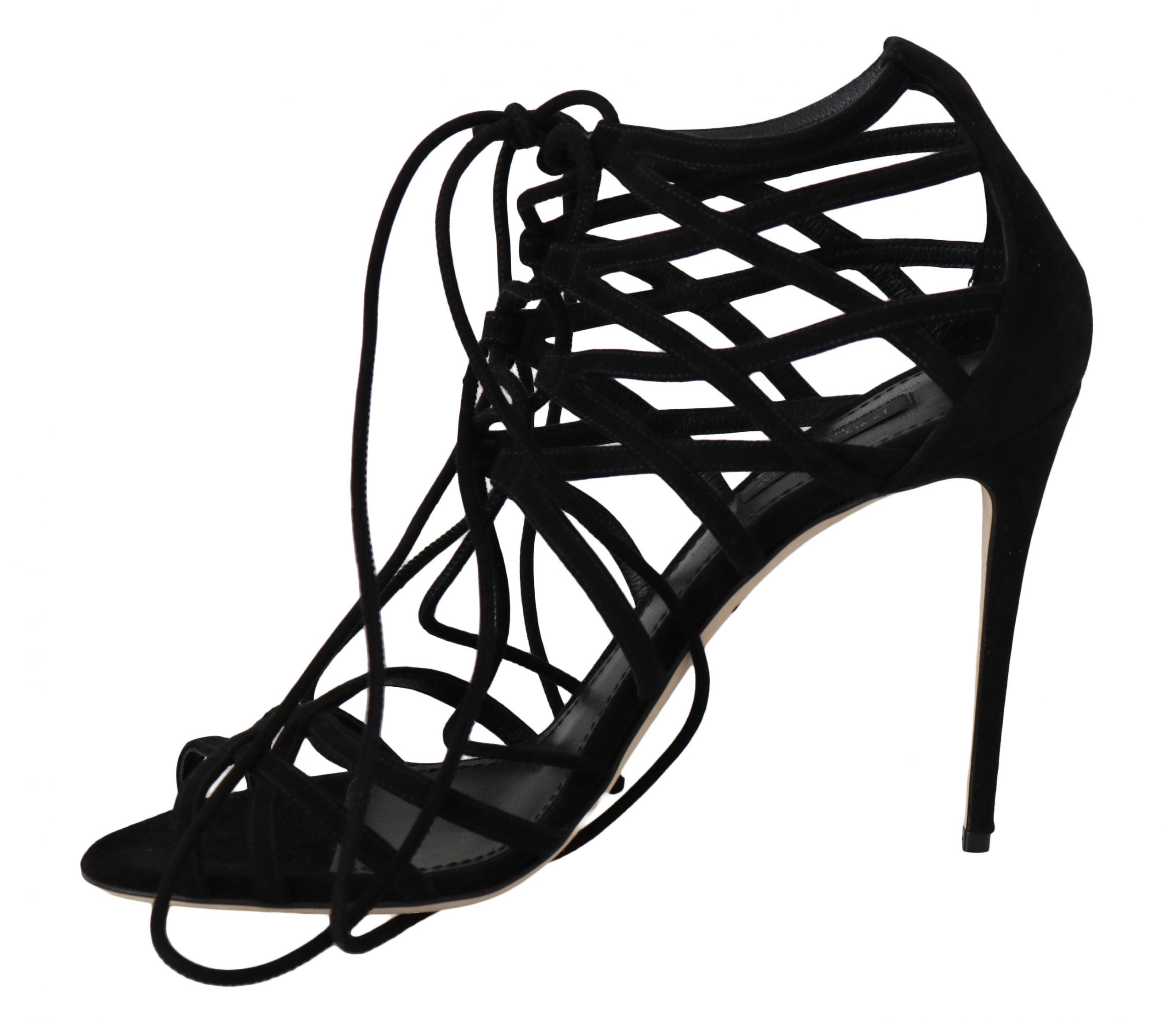 Sandales stilettos en daim noir Dolce & Gabbana avec bride fine et talons hauts élégants.