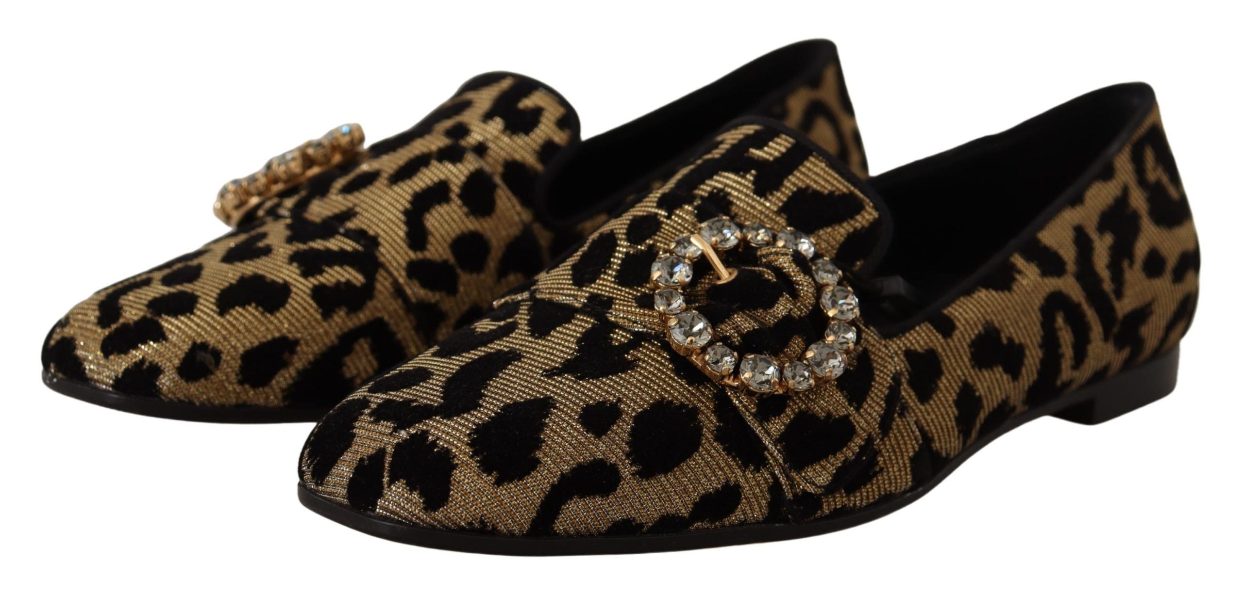Mocassins Dolce & Gabbana en or avec imprimé léopard et cristaux, chaussures élégantes en cuir pour femme.