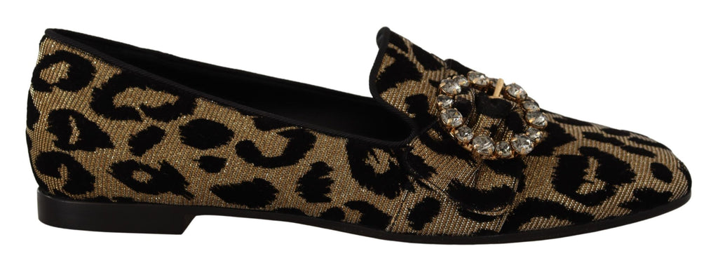 Chaussures loafers Dolce & Gabbana en or avec imprimé léopard et cristaux, élégantes et luxueuses pour femme.
