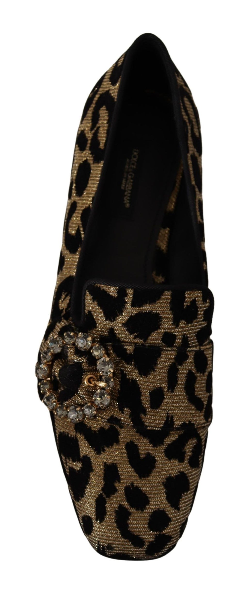 Chaussures loafers Dolce & Gabbana en cuir orné de léopard et cristaux, style élégant et luxueux.