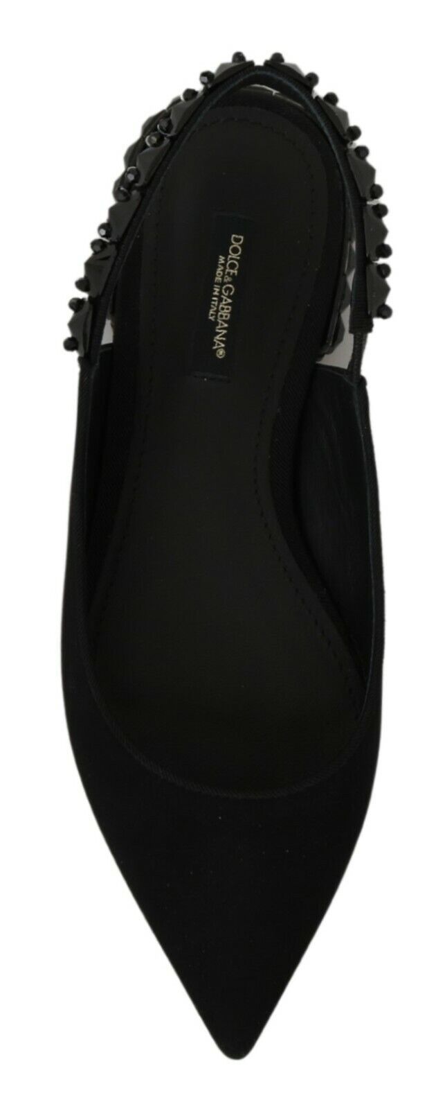 Chaussures plates noires Dolce & Gabbana, élégantes ballerines slingback en charmeuse avec design sophistiqué.