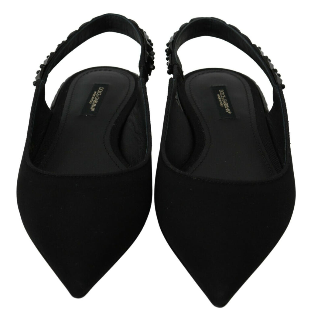 Chaussures Dolce & Gabbana noires à talons plats en satin, modèle slingback avec design élégant.