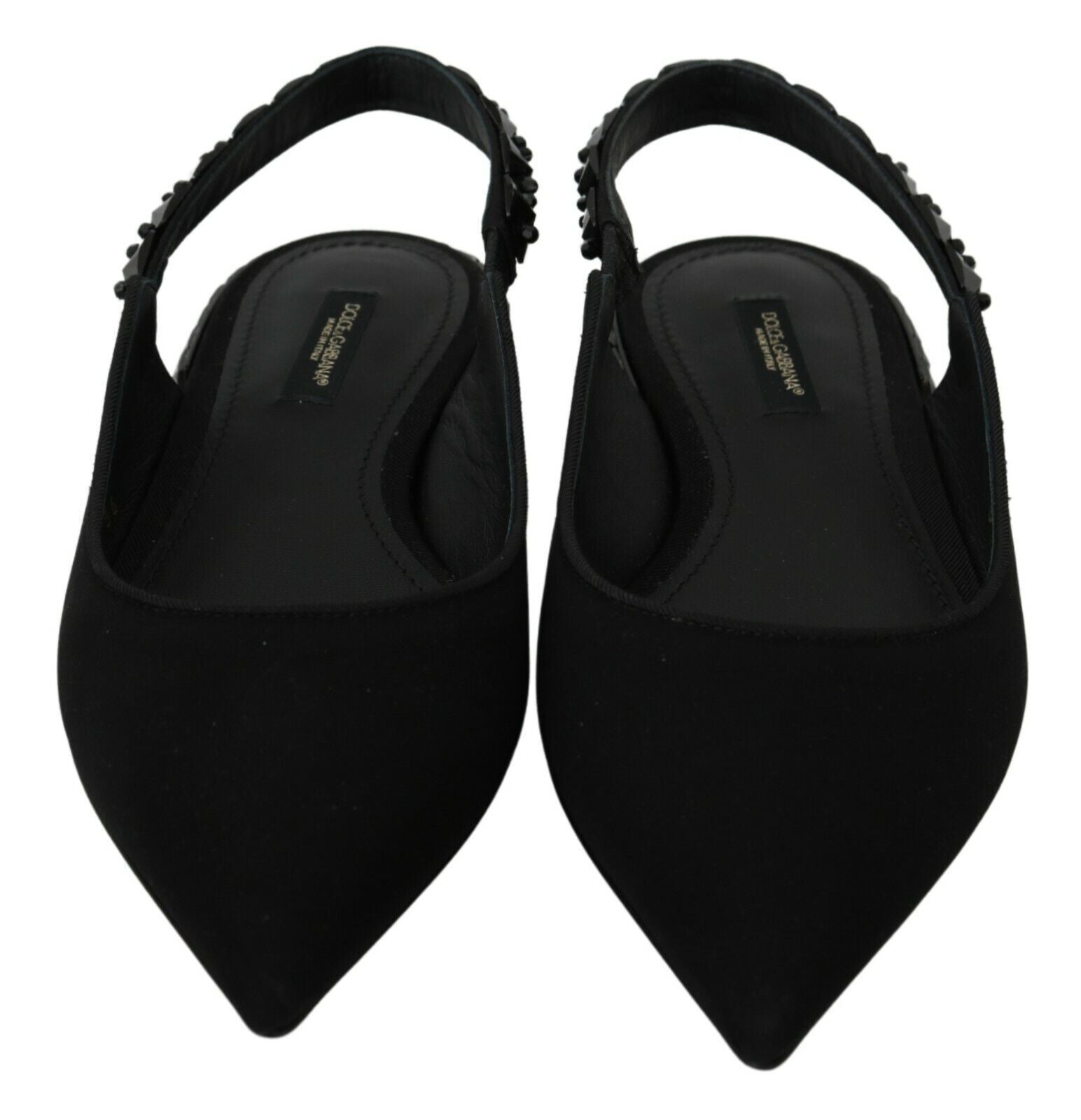 Chaussures Dolce & Gabbana noires à talons plats en satin, modèle slingback avec design élégant.
