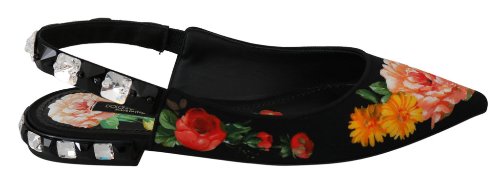 Chaussures Dolce & Gabbana slingbacks noires avec fleurs en cristal, semelles plates élégantes, vue de face.