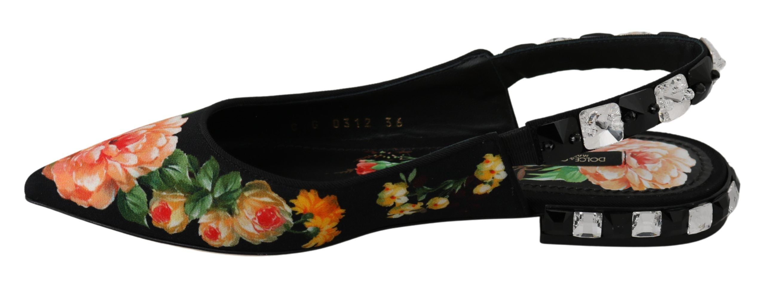 Chaussures plates Dolce & Gabbana slingbacks noires avec motifs floraux en cristal, élégantes et raffinées pour femmes.