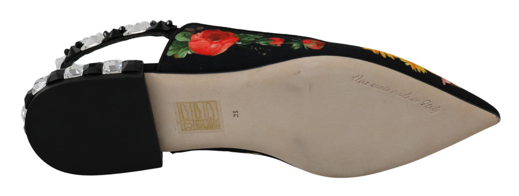 Chaussures plates Dolce & Gabbana slingbacks noires à fleurs en cristal, élégantes et confortables pour femmes.