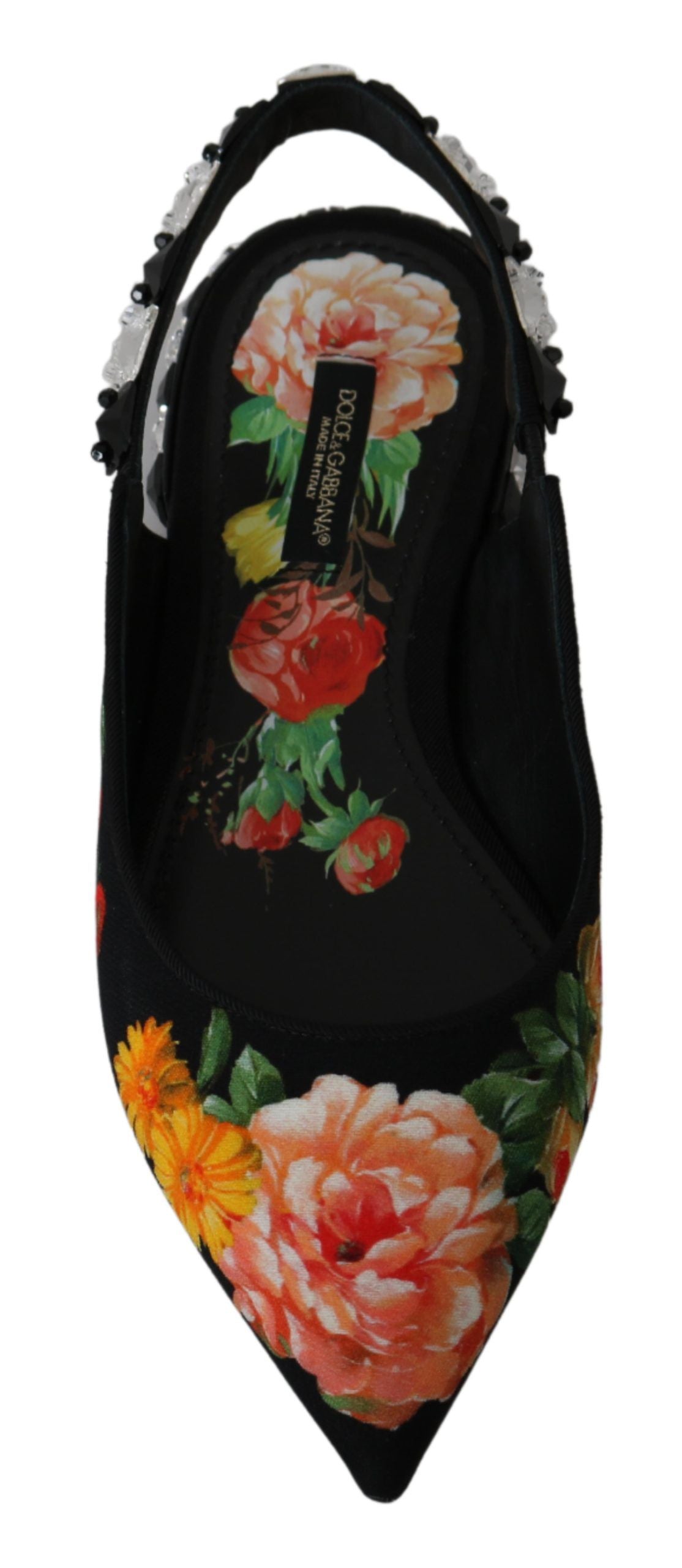 Chaussures plates Dolce & Gabbana slingbacks noires avec motifs floraux en cristal, élégantes et raffinées.