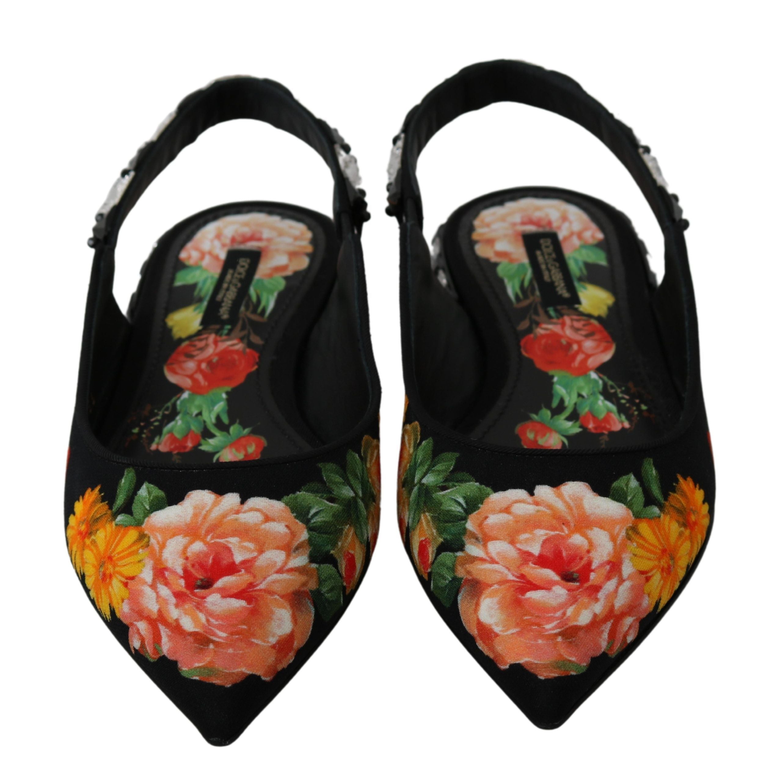 Chaussures plates à talons bas Dolce & Gabbana, slingbacks noires avec fleurs et cristaux, élégantes et raffinées
