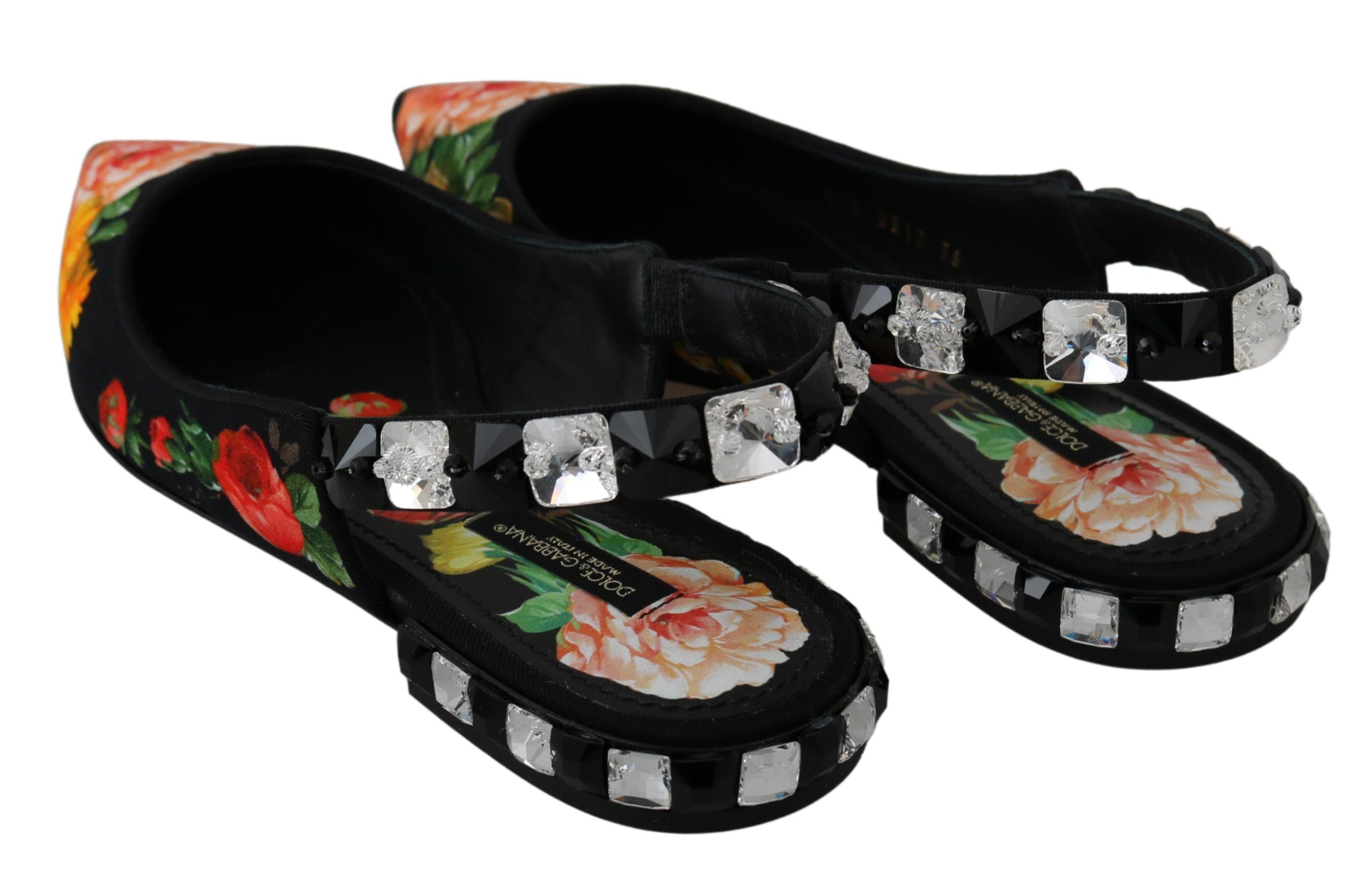 Chaussures plates Dolce & Gabbana slingbacks noires à fleurs en cristal, élégantes et confortables.