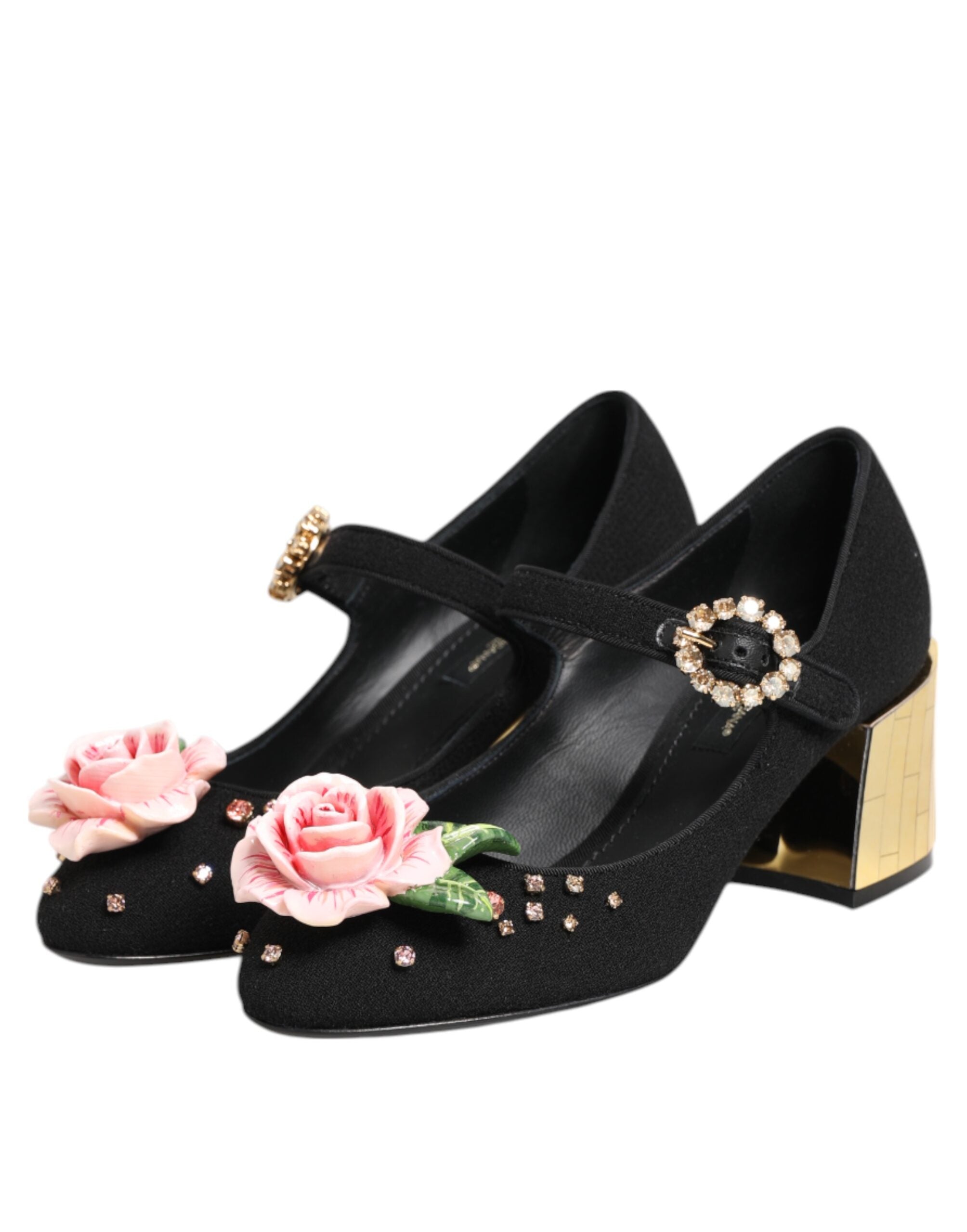 Chaussures Mary Jane noires Dolce & Gabbana avec fleurs en cristal et embellissements élégants, vue de face.