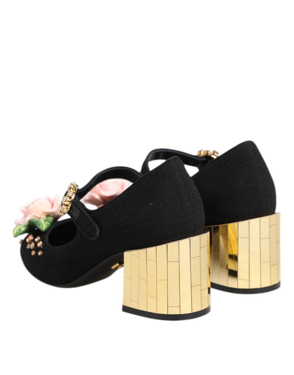 Chaussures Mary Jane noires Dolce & Gabbana avec fleurs en cristal et détails élégants.