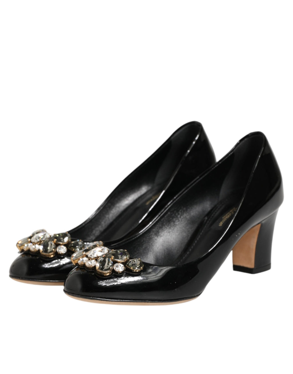 Escarpins noirs en cuir avec cristaux de Dolce & Gabbana, chaussures élégantes pour femme, vue de face sur fond neutre.