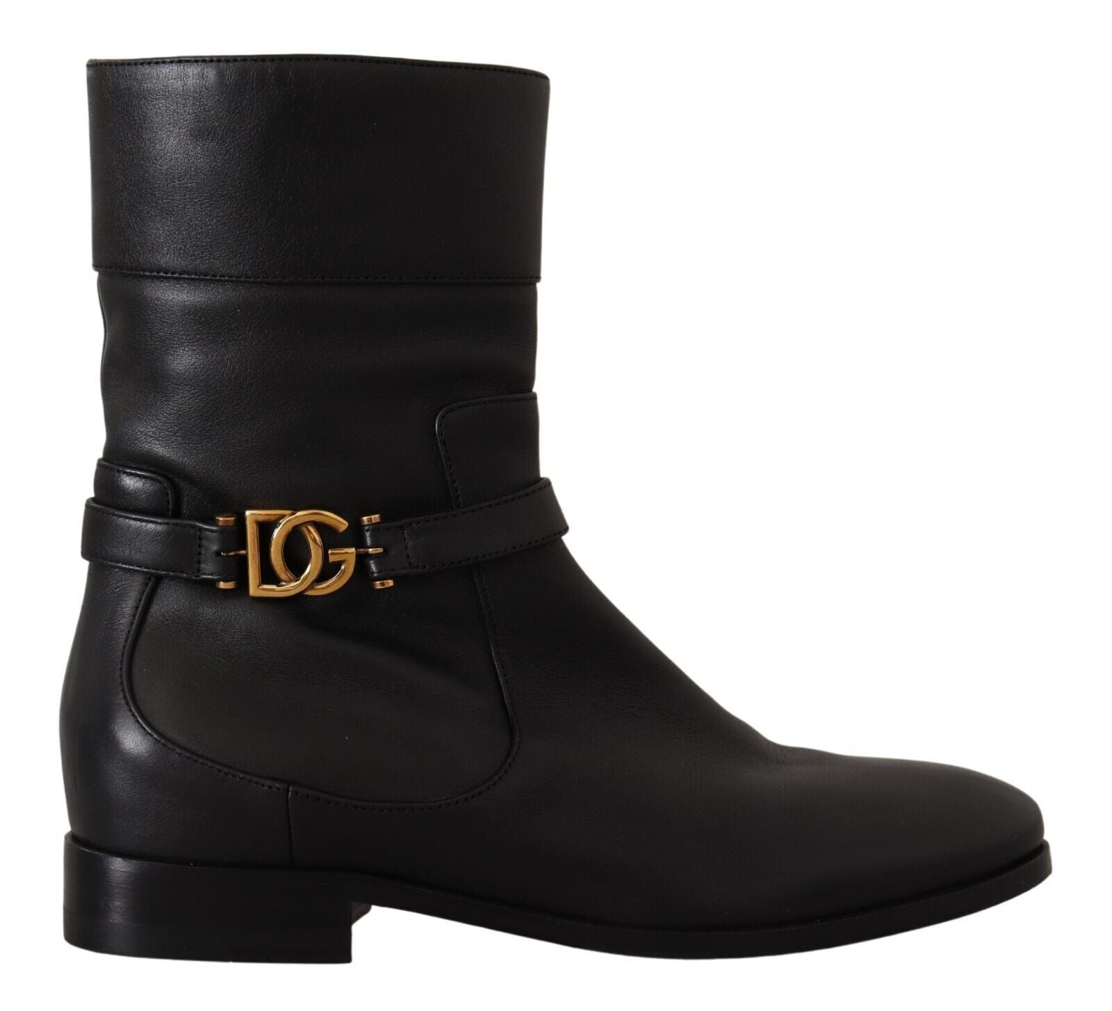 Chaussures Dolce & Gabbana en cuir noir, bottines courtes avec logo, plates et élégantes.