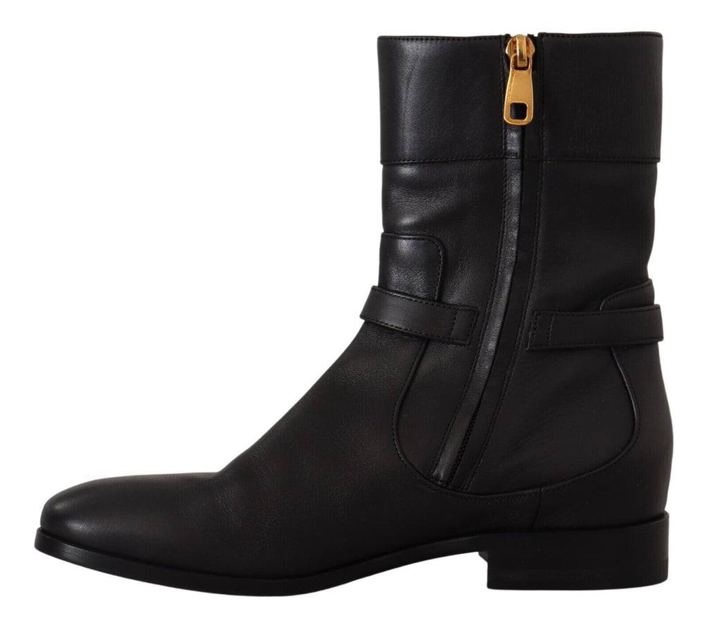 Chaussures Dolce & Gabbana en cuir noir, bottines courtes à logo, chaussures plates élégantes pour femmes.