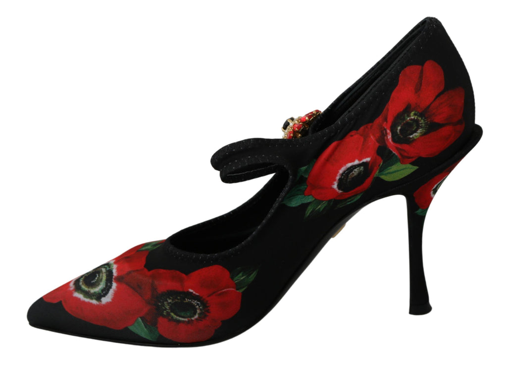 Chaussures Mary Janes Dolce & Gabbana noires et rouges avec motifs floraux, élégantes et féminines, vues de face.