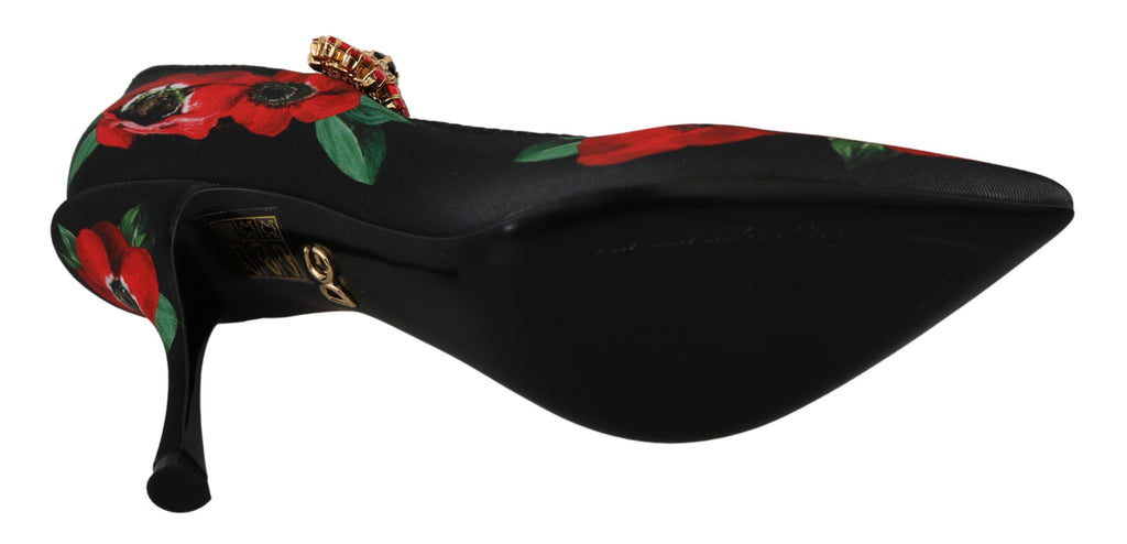 Chaussures Mary Janes Dolce & Gabbana noires et rouges avec motifs floraux, pompe élégante en cuir pour femme