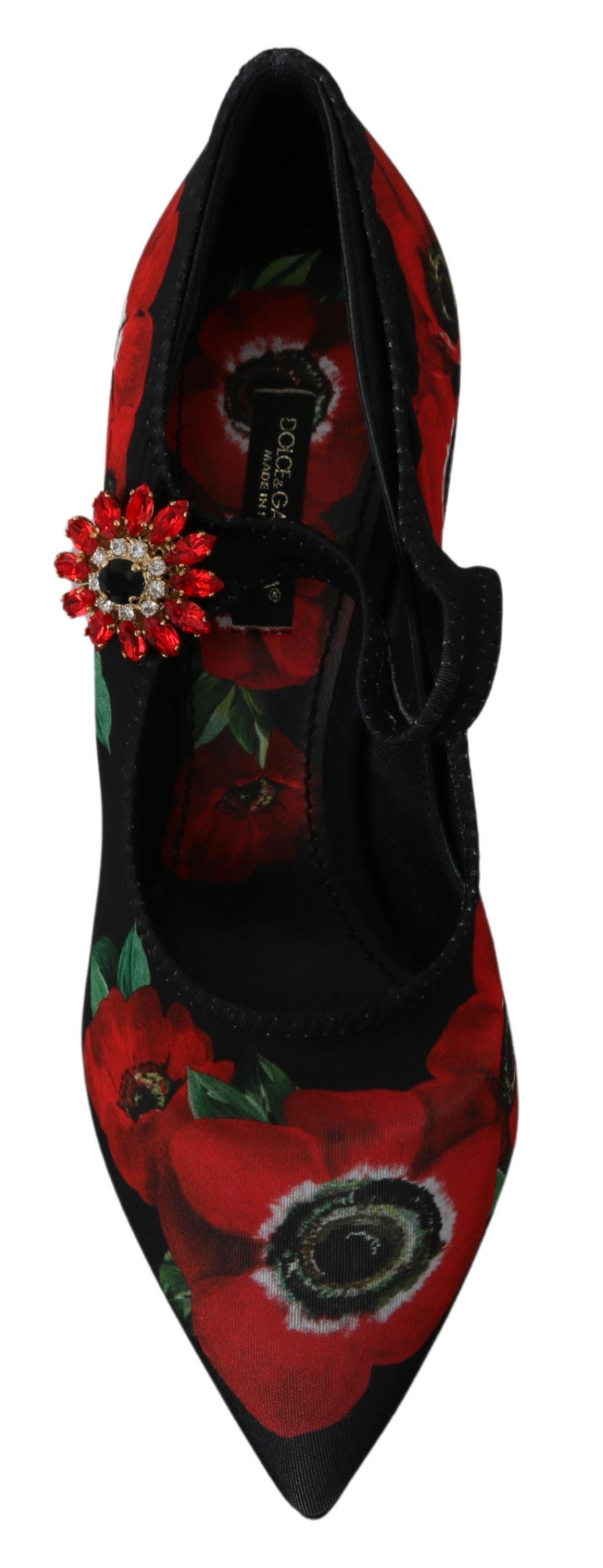 Chaussures Dolce & Gabbana Mary Janes noires avec motifs floraux rouges, talons et bride à la cheville.