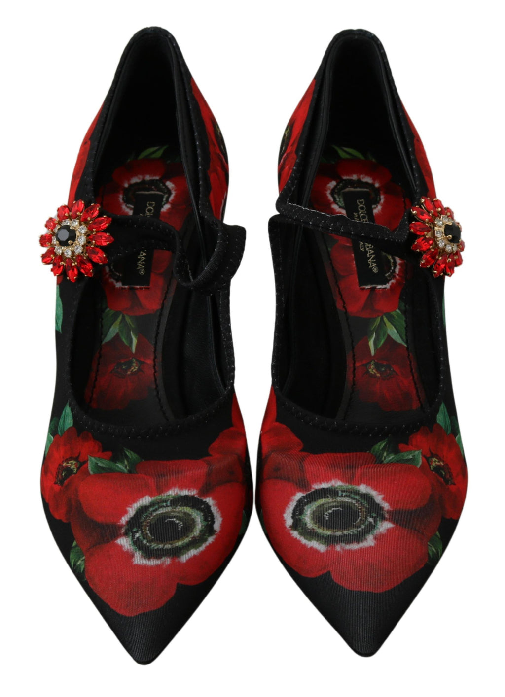 Chaussures à talons Dolce & Gabbana Mary Janes noires et rouges avec motif floral, élégantes et féminines.