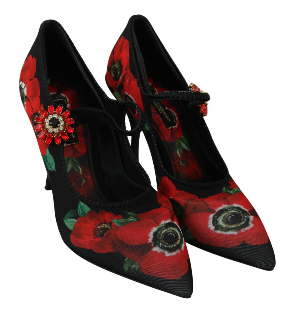 Chaussures Mary Janes noires et rouges Dolce & Gabbana avec motifs floraux, élégantes et féminines, vues de face.
