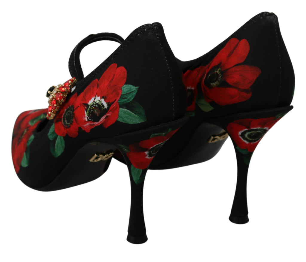 Chaussures Mary Janes Dolce & Gabbana noires et rouges à fleurs, chaussures élégantes pour femme, vue de face