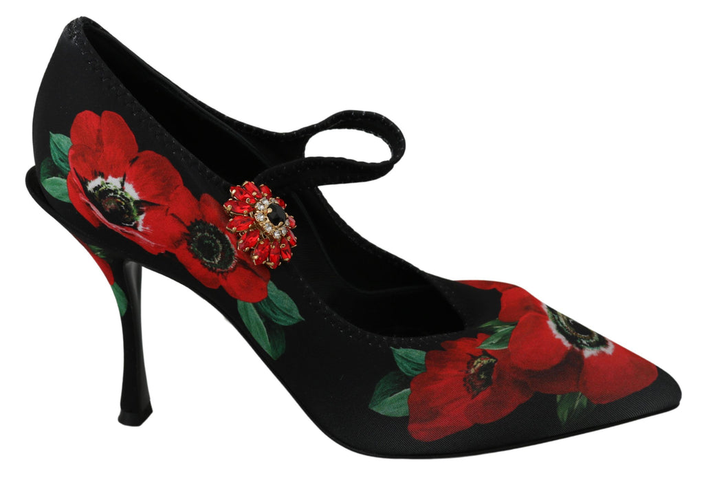 Chaussures Mary Janes Dolce & Gabbana noires et rouges avec motif floral, pompe élégante en cuir pour femmes.