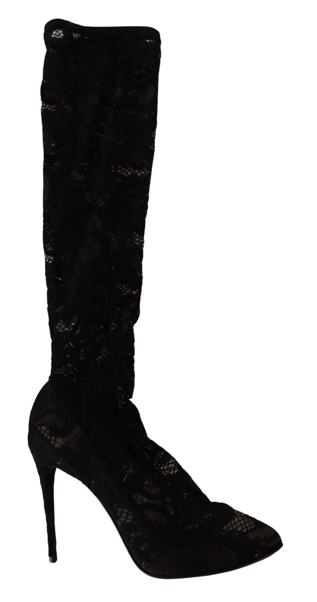 Chaussettes extensibles noires Dolce & Gabbana avec dentelle Taormina, portées avec des bottes en cuir.