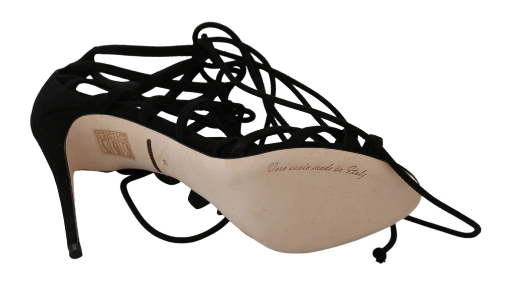 Chaussures sandales stilettos en daim noir Dolce & Gabbana avec bride fine et talons hauts élégants.