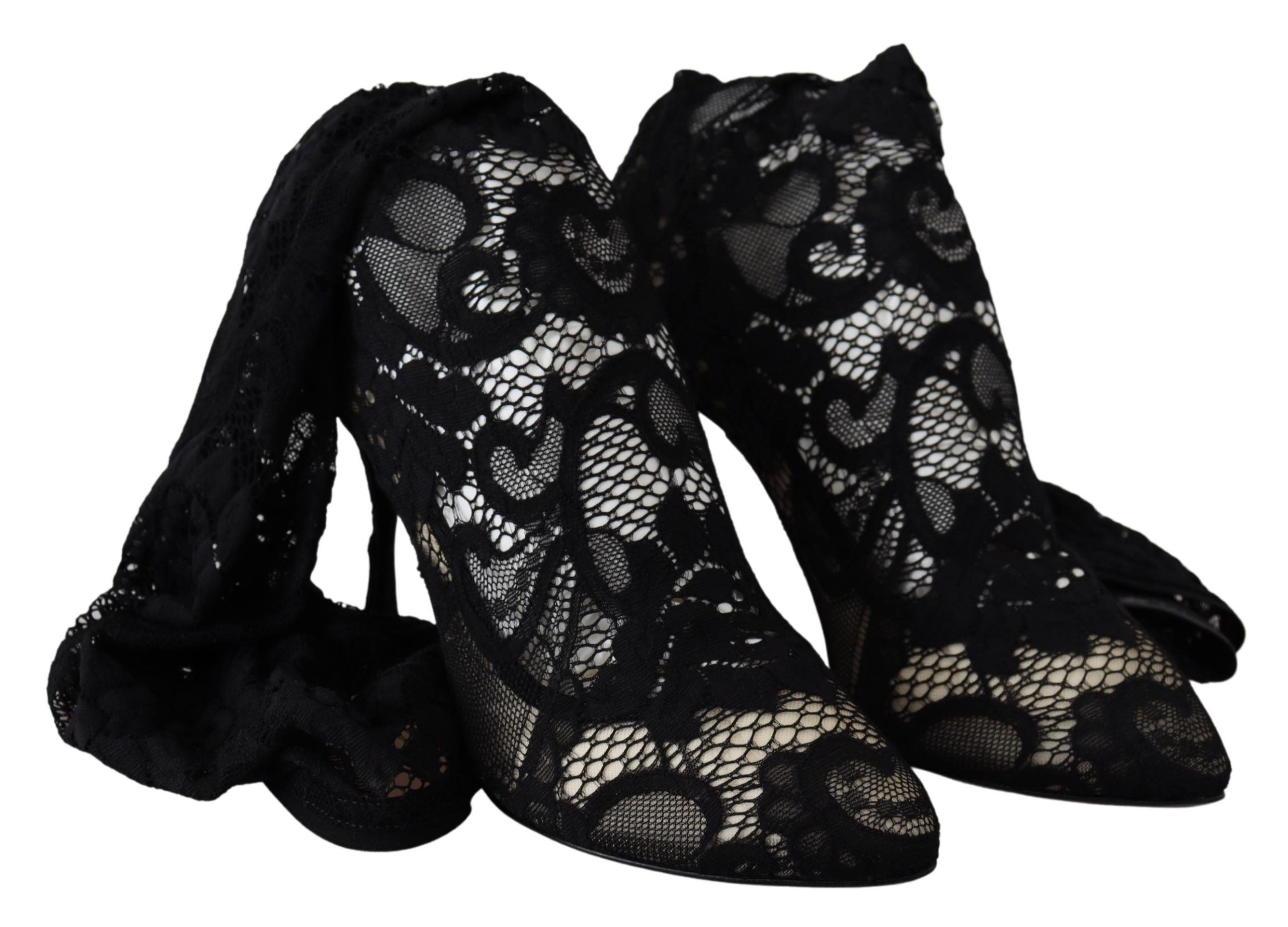 Bottes noires Dolce & Gabbana Taormina en dentelle, chaussures à talons, style élégant et sophistiqué, vue de face.