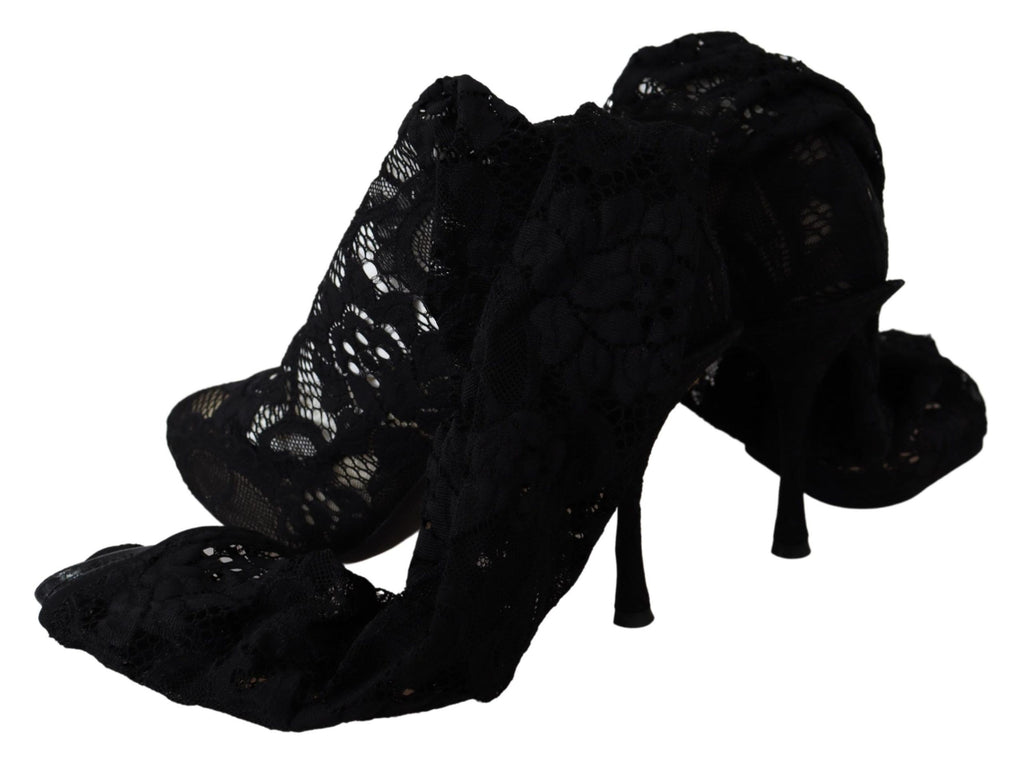 Chaussures Dolce & Gabbana Taormina en dentelle noire, bottines élégantes avec semelle en cuir et talon moyen.
