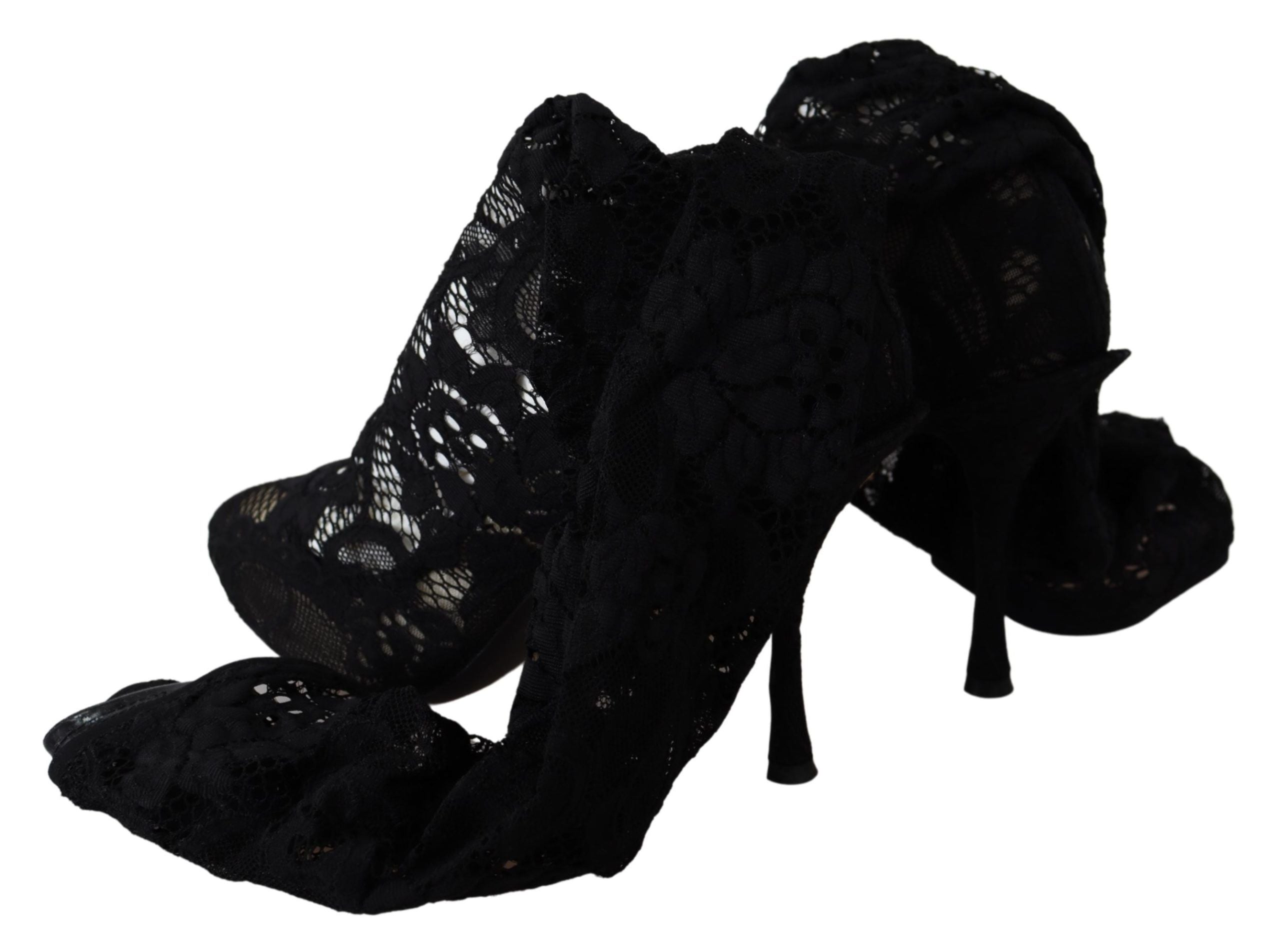 Chaussures Dolce & Gabbana Taormina en dentelle noire, bottines élégantes avec semelle en cuir et talon moyen.