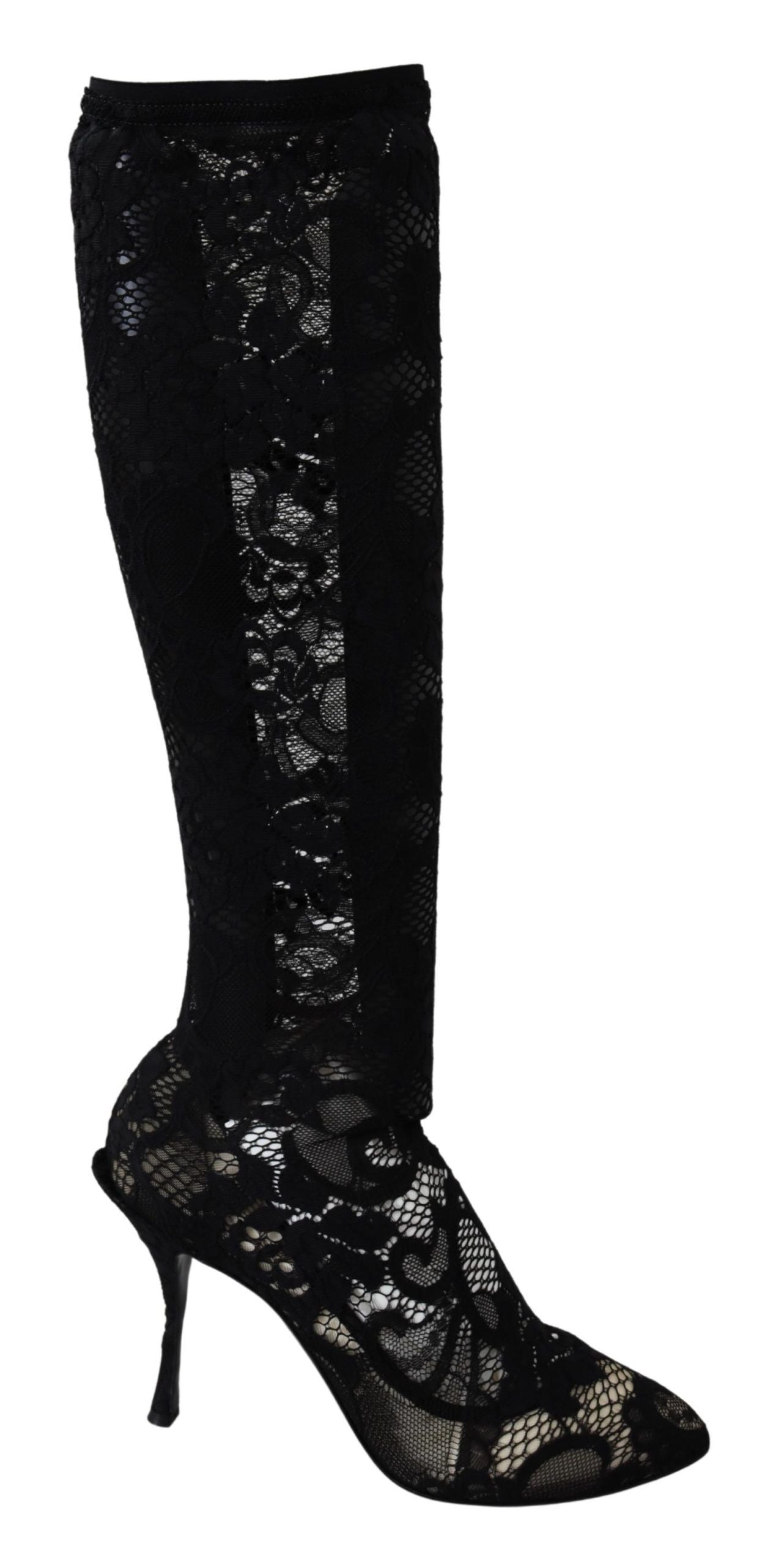 Bottes noires Dolce & Gabbana Taormina en dentelle avec chaussettes intégrées, style élégant et sophistiqué.