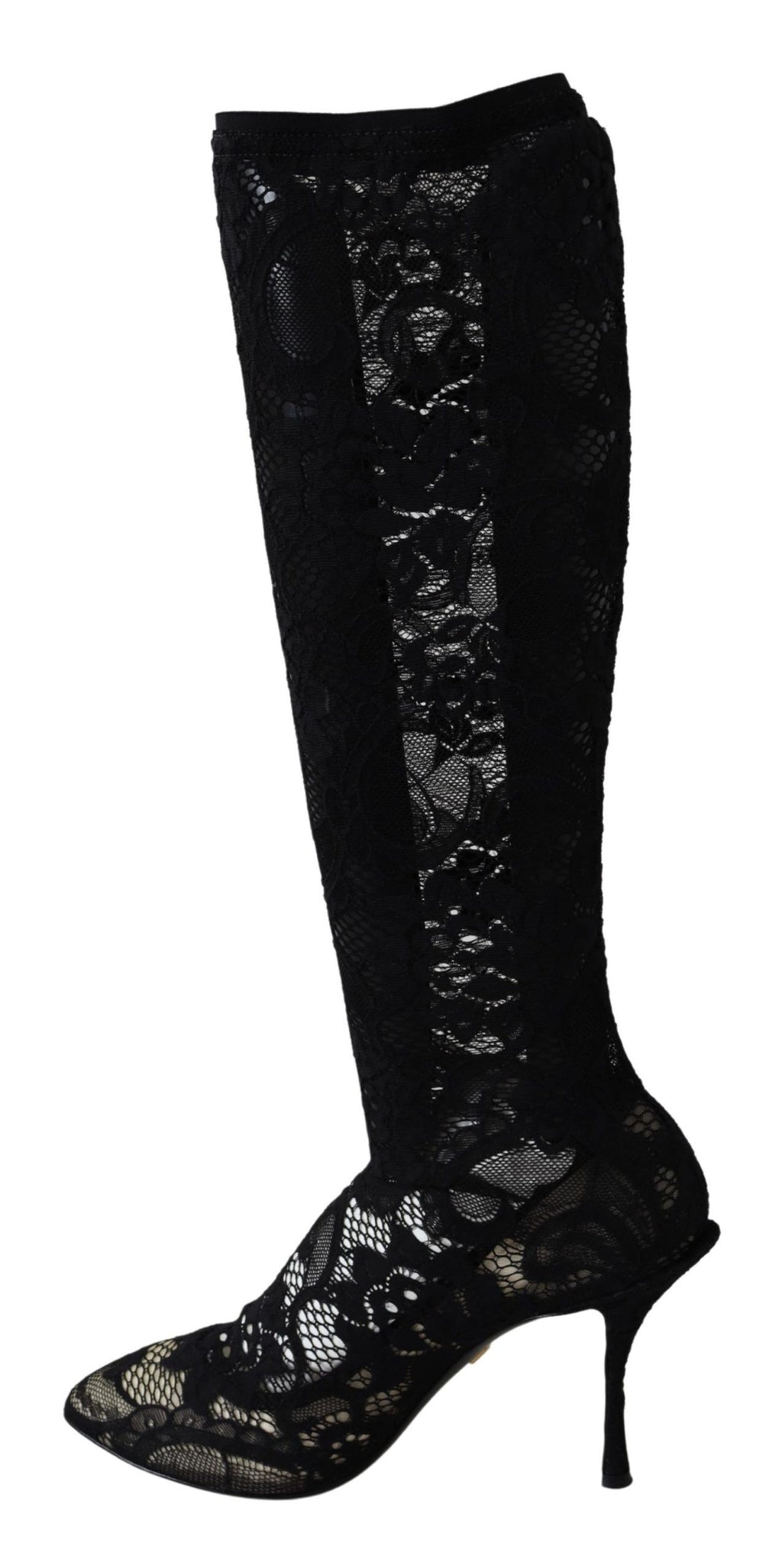 Bottes noires Dolce & Gabbana Taormina en dentelle avec chaussettes, chaussures à talons élégantes et sophistiquées.