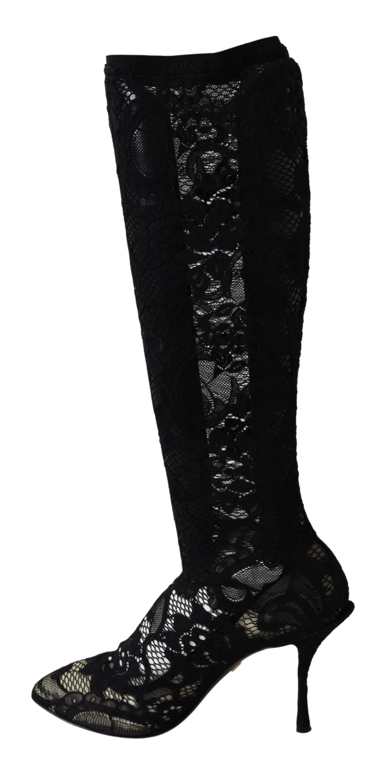Bottes noires Dolce & Gabbana Taormina en dentelle avec chaussettes, chaussures à talons élégantes et sophistiquées.