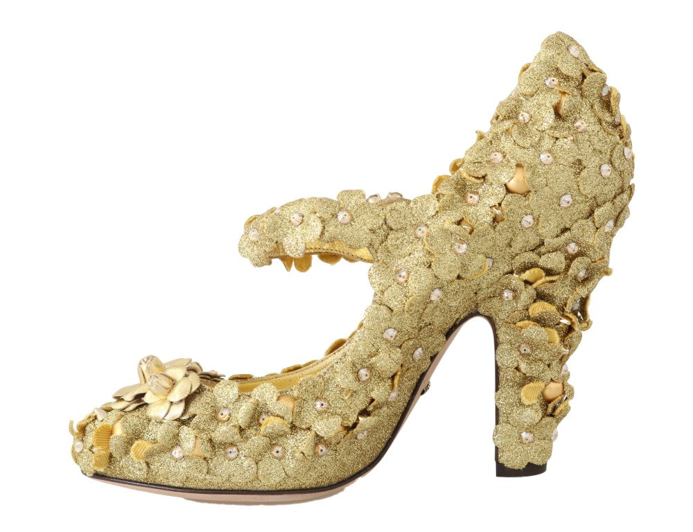 Chaussures Dolce & Gabbana Mary Janes dorées avec fleurs en cristal, élégantes et raffinées, en cuir brillant.