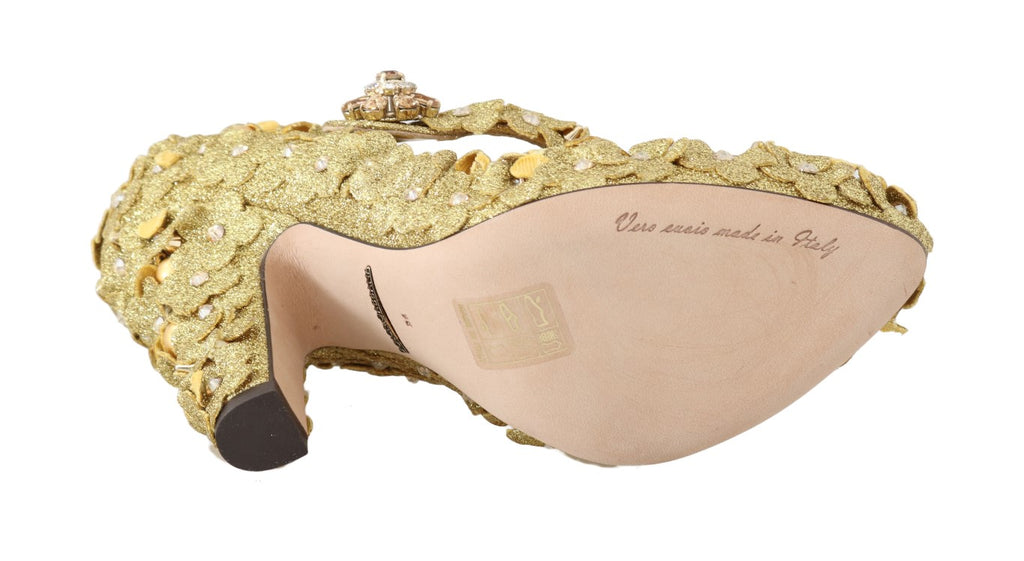 Escarpins Dolce & Gabbana en or avec motifs floraux en cristal, style Mary Janes pour femme.