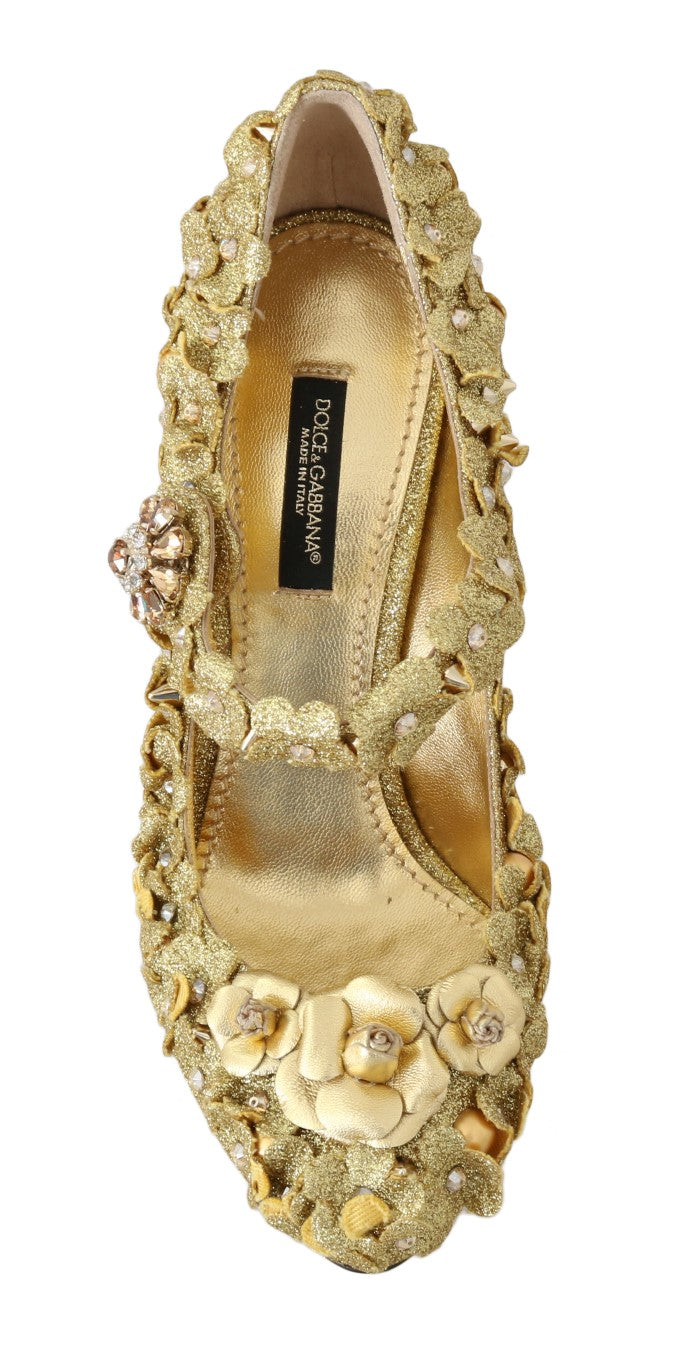 Chaussures Mary Janes dorées Dolce & Gabbana avec détails floraux en cristal, élégantes et féminines.