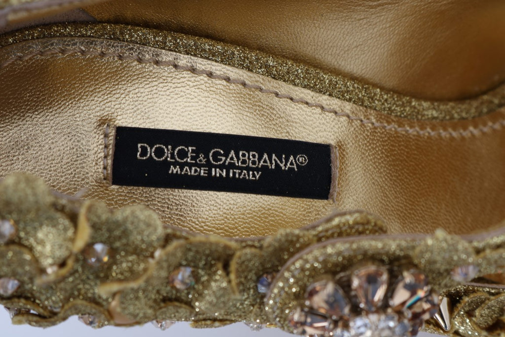 Chaussures à talons Dolce & Gabbana Mary Janes dorées avec fleurs en cristal, style élégant et sophistiqué.
