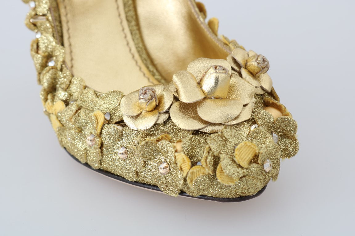 Chaussures à talons Dolce & Gabbana Mary Janes dorées avec fleurs en cristal, style élégant et sophistiqué.