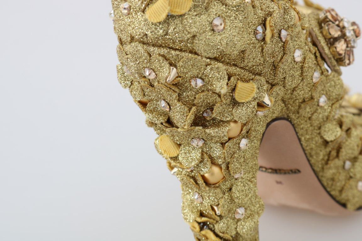 Escarpins Mary Janes dorés Dolce & Gabbana avec fleurs en cristal, élégants et raffinés, pour femmes.