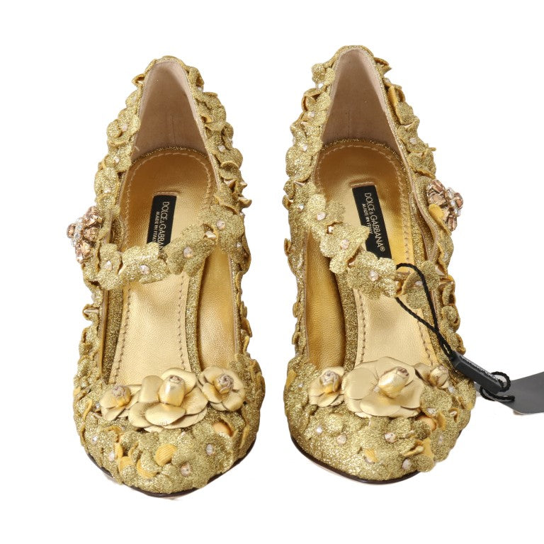 Chaussures Mary Janes Dolce & Gabbana dorées avec fleurs en cristal, style élégant et féminin.